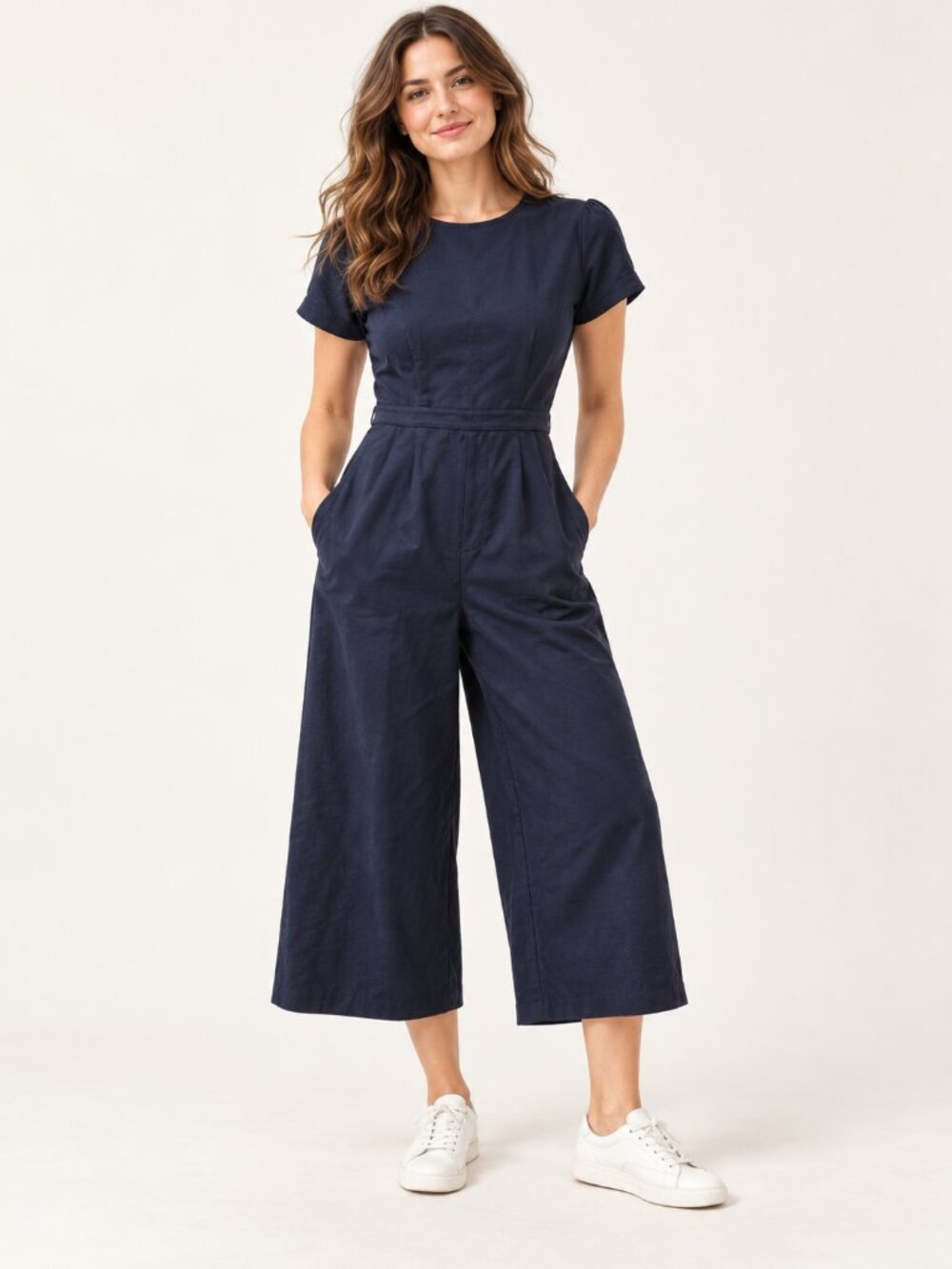 Jeune Otte Navy Wide Leg Cropped Jumpsuit Tie Waist Fits S/M